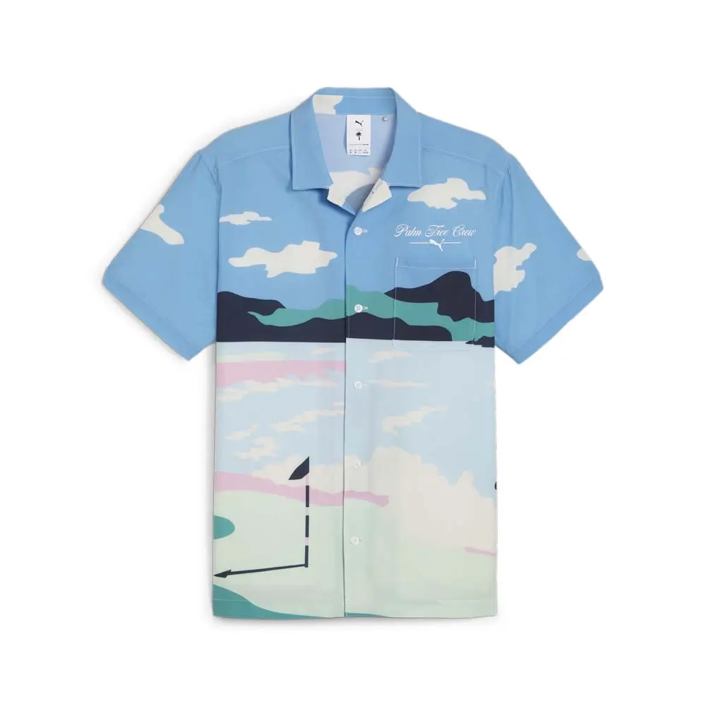 PUMA Mens X Palm Tree Crew Open Graphic Collared Short Sleeve Button Up Shirt Casual Tops Casual - Blue