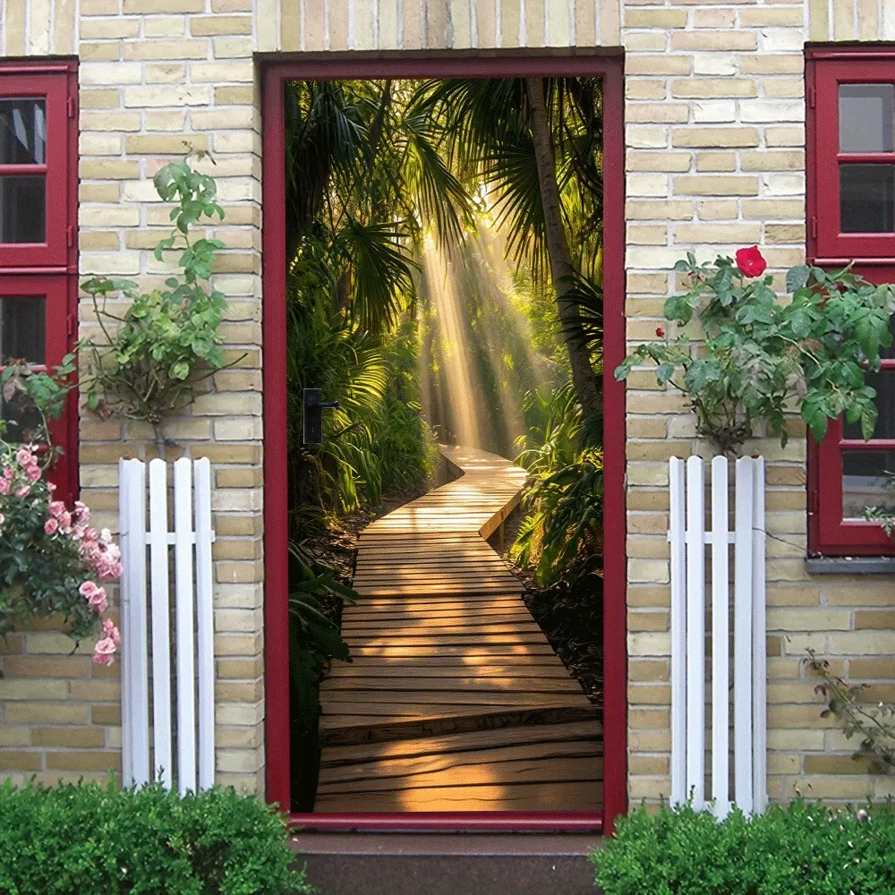 2pcs Tropical Rainforest Sunlight Wooden Path Wall Sticker Natural Scenery Living Room Entrance Corridor Decorative Sticker Self Adhesive Removable Stereo Wall Decal Home Background Wall Art Decoration E