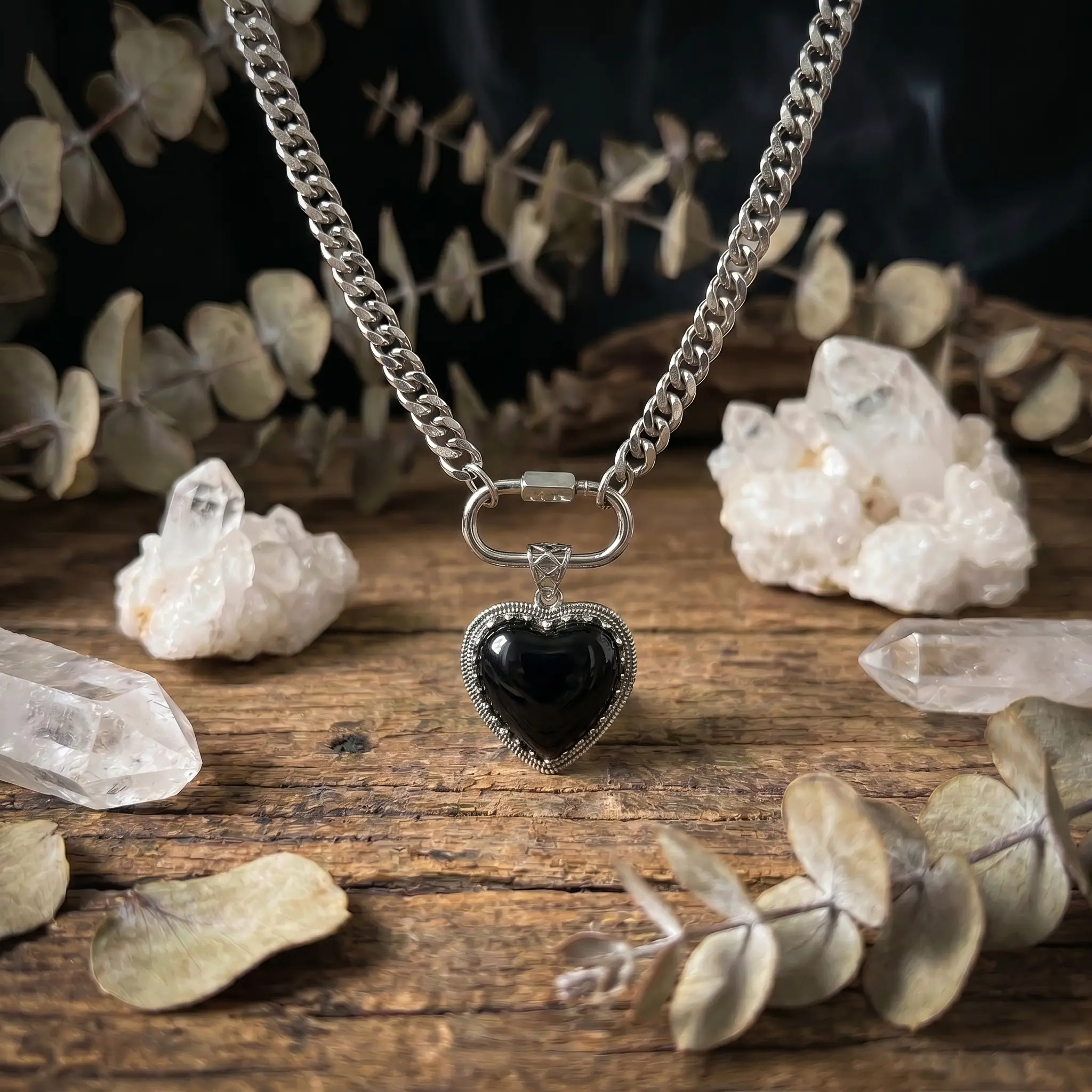 Crystal Heart Necklace | Thick Cuban Link Chain | Healing Stone Statement Jewelry | Labradorite Fluorite Rose Quartz Amethyst  Opalite, Tiger’s Eye, Black Onyx | Gift for Her | 20"