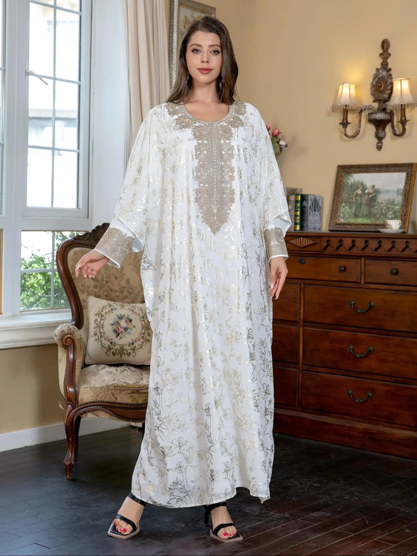 Women's Floral Pattern Robe & Long Sleeve Dress Set, Elegant Long Dress & Robe Set for Party Wedding Guest, Ladies Islamic Clothing for All Seasons