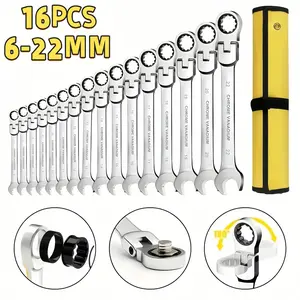 16PCS Flexible Ratchet Combination Wrench Set 6-22mm, Chrome Vanadium Adjustable Spanner Kit with Storage Roll Bag, 180° Swivel Head Mechanics Hand Tools for Auto Repair Household Maintenance Multi-Purpose