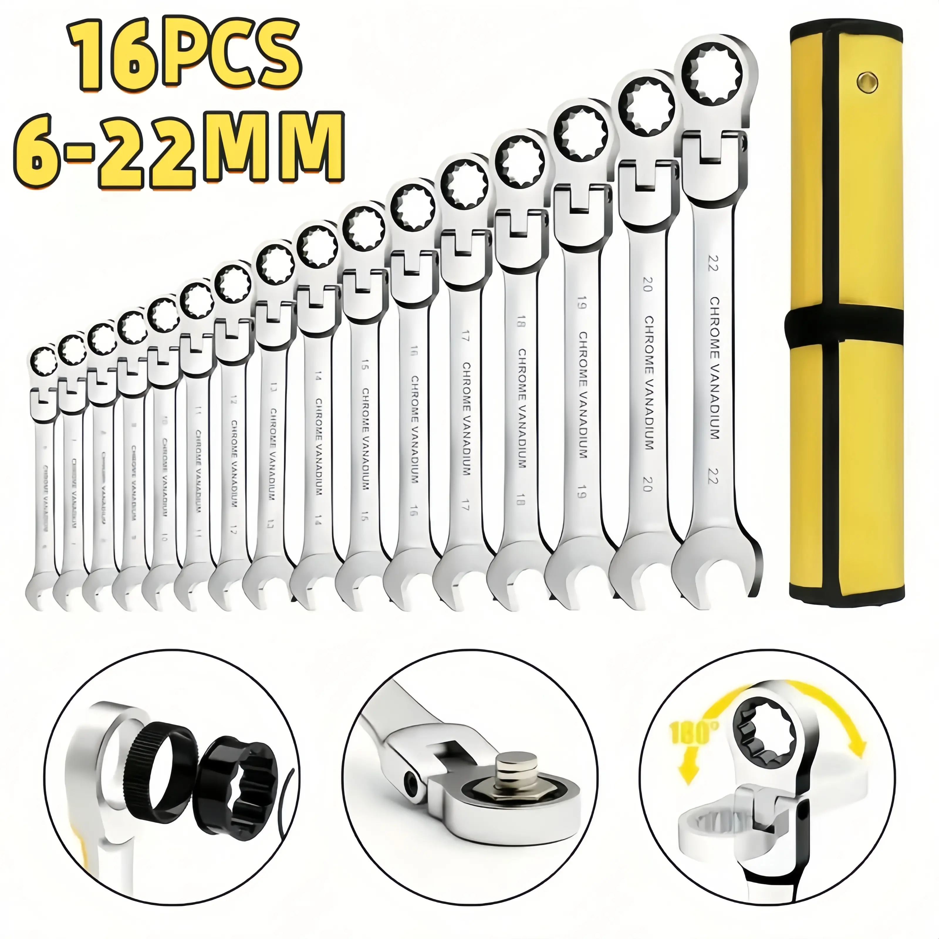 【DealsForYouDays】16PCS Flex-Head Ratcheting Wrench Set - Metric 6-22mm Chrome Vanadium Steel 72-Tooth Swivel Head Multifunctional Hand Tools with Rolling Pouch, Multifunctional Wrench Set