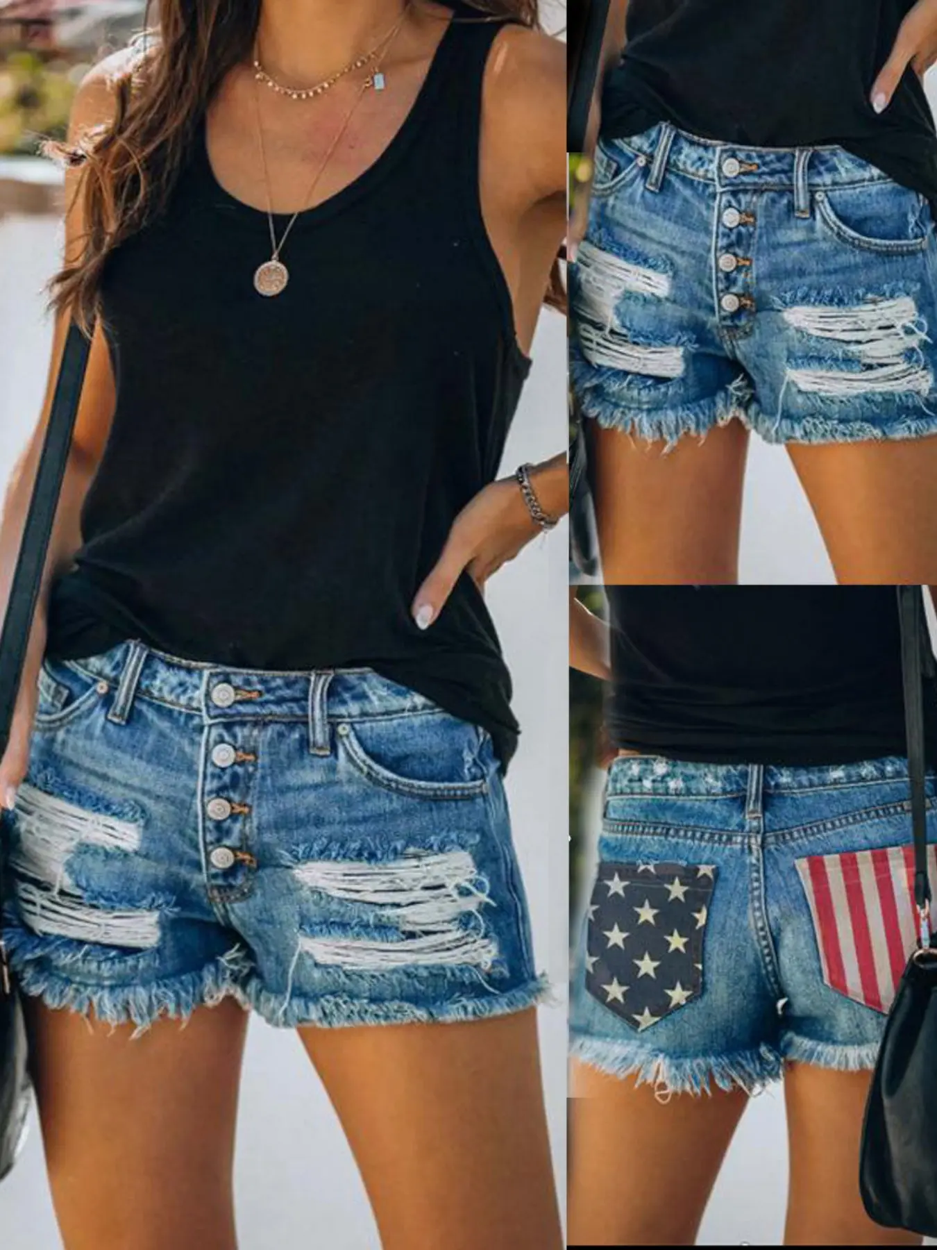 Independence Day American Flag Print Bottom Tassel Denim Pocket Shorts, Casual Fashionable Shorts, Women's Ripped Denim Shorts, Casual Jean Shorts, Comfortable Summer & Spring Wear, Y2K Style, Button Fly Closure, A-Type Silhouette, Plain Pattern