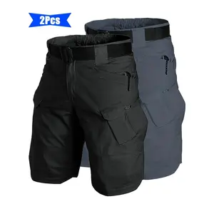 2PCS Men's Tactical Cargo Shorts - Solid Color, Non-Stretch Fabric  Multi-Pocket Durable Casual Shorts with Zippered Pockets Regular Fit for Outdoor Hiking Everyday Use (No Belt Included)