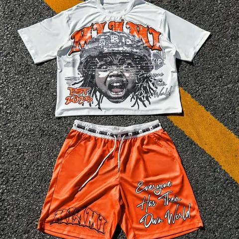 Men's Letter Print T-Shirt and Shorts Set, Two Piece Set, Summer Casual Comfortable Short Sleeve Tee, Ideal Pajama Set for Home and Sleep