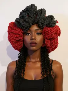 Bucket Hats Crochet - Black & Red Acrylic Hand-Crocheted Women's Beanie with Decorative Ruffles One Size Fits Most 22-22.8 Inches