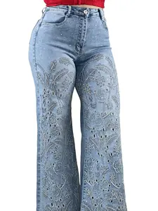 Rose Floral Rhinestone Wide Leg Jeans