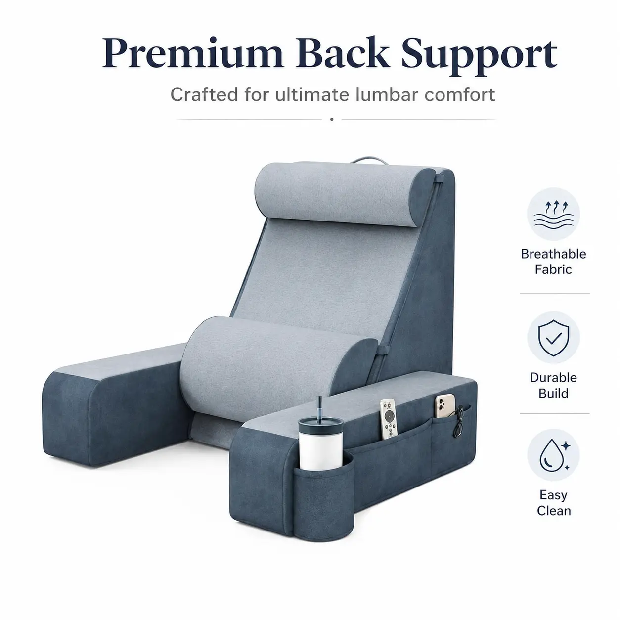 Ergonomic Reading Pillow for Bed - Adjustable Padded Backrest, Detachable Arms, Adjustable Headrest, Lumbar Support, Dual-Side Zoned Storage Pockets, Machine Washable Fleece Cushion for Lounging, Sturdy Top Carry Handle, Bed Backrest Cushion
