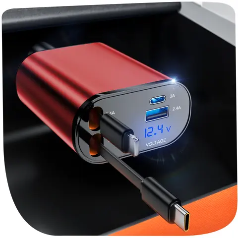 SPGUARD Retractable Fast Charging Car Charger - Compact, Adjustable 160° Rotation, Dual Port USB-C Adapter with Extendable Flexible 2-Wire Lightning Charging Cable for iPhone 17/16/15 Series, 17 Air/Pro Max, AirPods Pro, Galaxy Z (Car Accessories)
