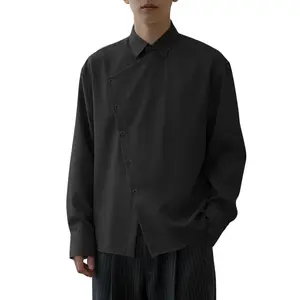 INCERUN Men's Long-Sleeve Aesthetic Shirt - Woven Fabric Asymmetric Top, Diagonal Hidden-Button Placket, Solid Black, Minimalist Architect Style Formal Tuxedo Alternative