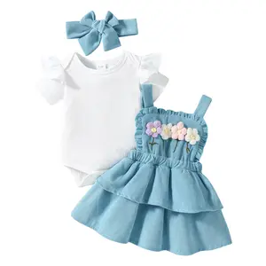 Newborn Baby Girls Summer Outfit Short Sleeves Rompers and Crochet Flowers Suspender Skirt Headband 3 Piece Clothes Set 0-18M