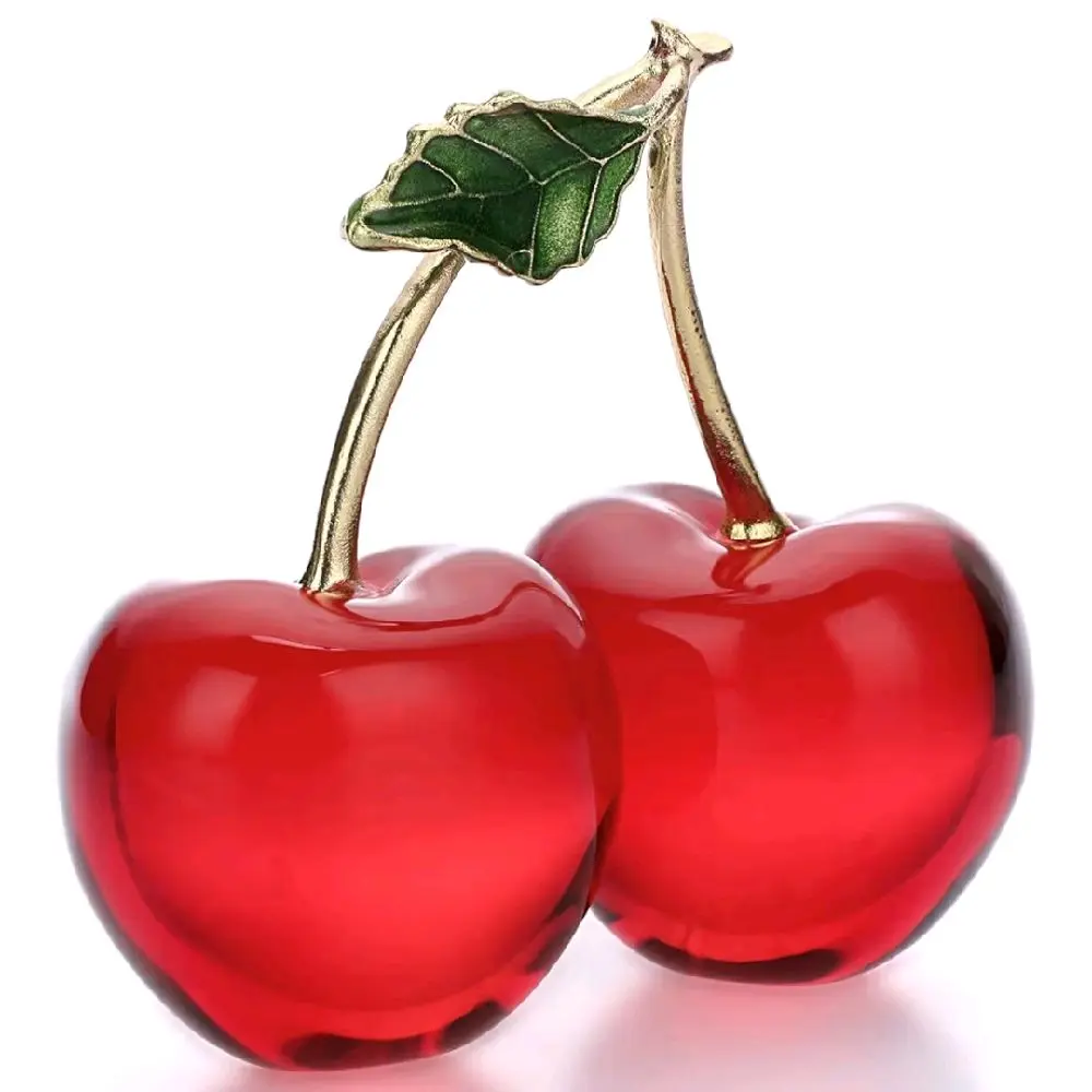 Crystal Cherry Figurine Crystal Cherry Ornament Decorative Fruit Collectible Figurines, Small Sparkly Glass Fruit Paperweight for Tabletop Centerpiece Home Office Desktop Decor