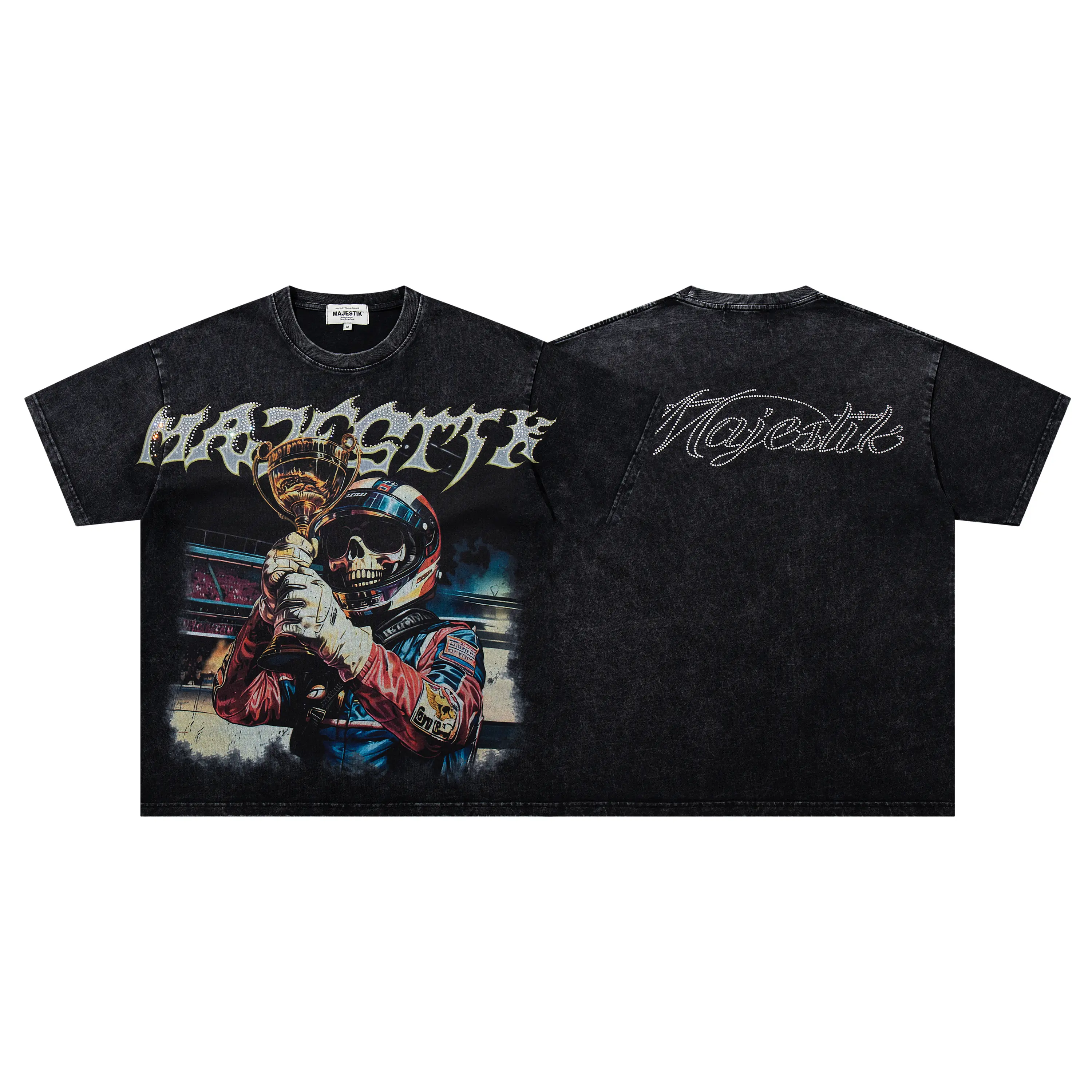 Majestik Men's Winner Racing Graphic T-Shirt - Heavyweight Oversized Mineral Wash Rhinestone Y2K Hip Hop Streetwear, 4th of July Summer Deals