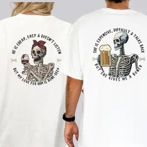 Grunge Skeleton His Hers Matching T-shirts Funny Couples Graphic Tees Casual Commuter Wear Grunt Style Boyfriend Girlfriend Shirts