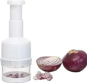 Manual Vegetable Chopper with Container, Handheld Food Cutter for Garlic, Nuts, and Vegetables, Stainless Steel Blades (White, 22.86 x 9.91 cm / 9 x 3.9 in)