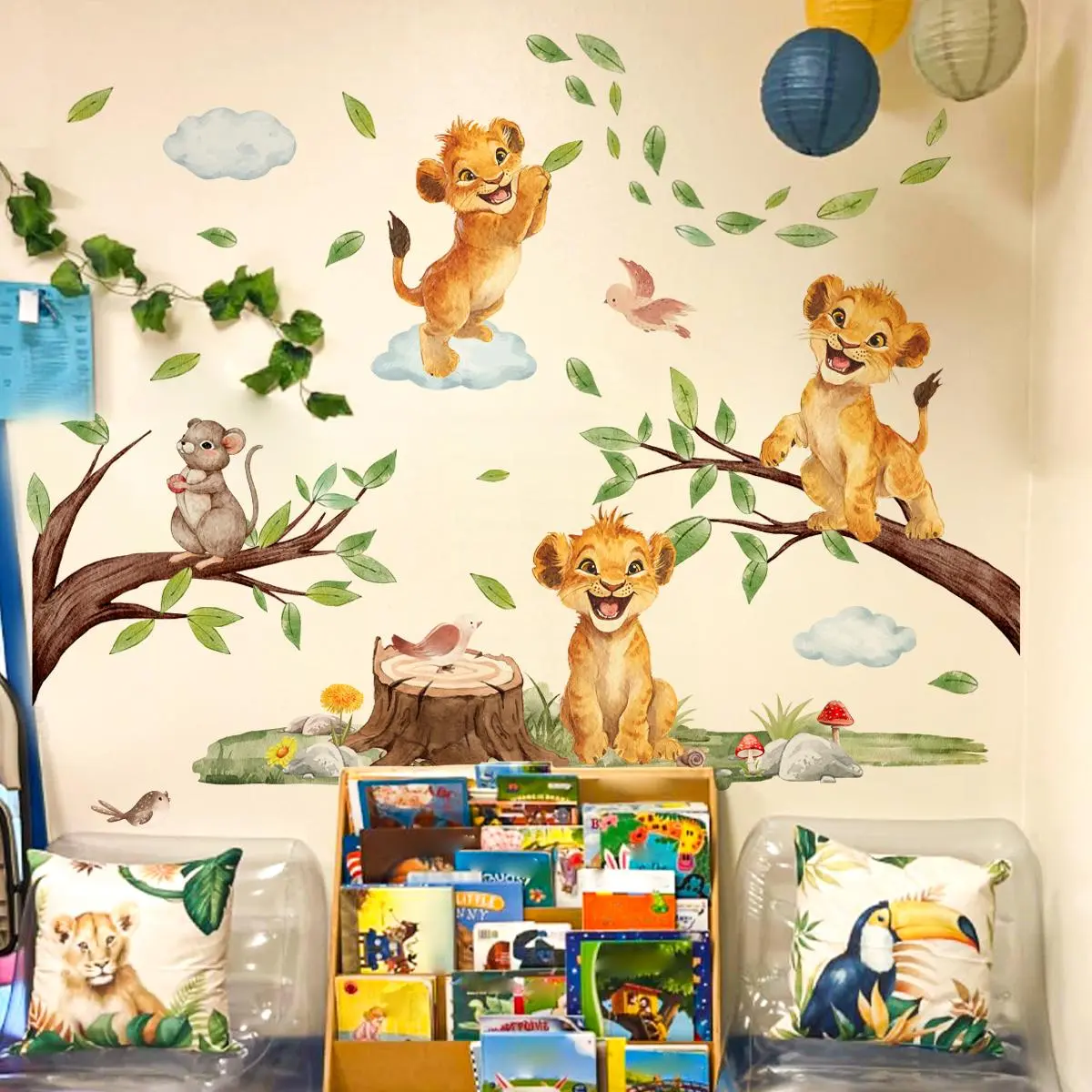 Jungle Tree Animal Pattern Wall Sticker, Self Adhesive Wall Decal, Wall Art Decorative Sticker for Home Living Room Bedroom, Sticker Decoration, Adhesive Stickers, Decoration Items