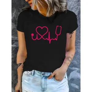 Women's Casual Nurse-Themed T-Shirt with Heart and Stethoscope Print, Soft Polyester Blend, Machine Washable - Perfect for Medical Professionals