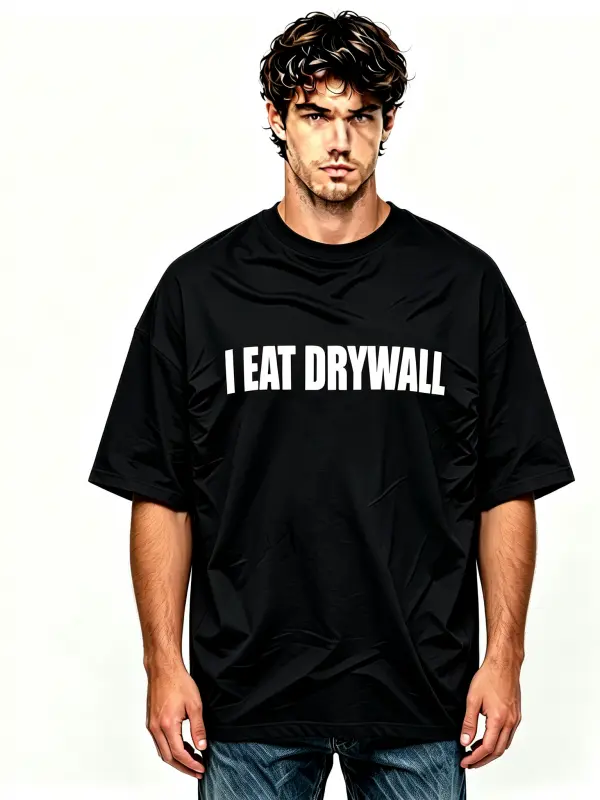Men's Oversized Short-Sleeve "I Eat Drywall" Joke T-Shirt, Summer Casual Fashion Top
