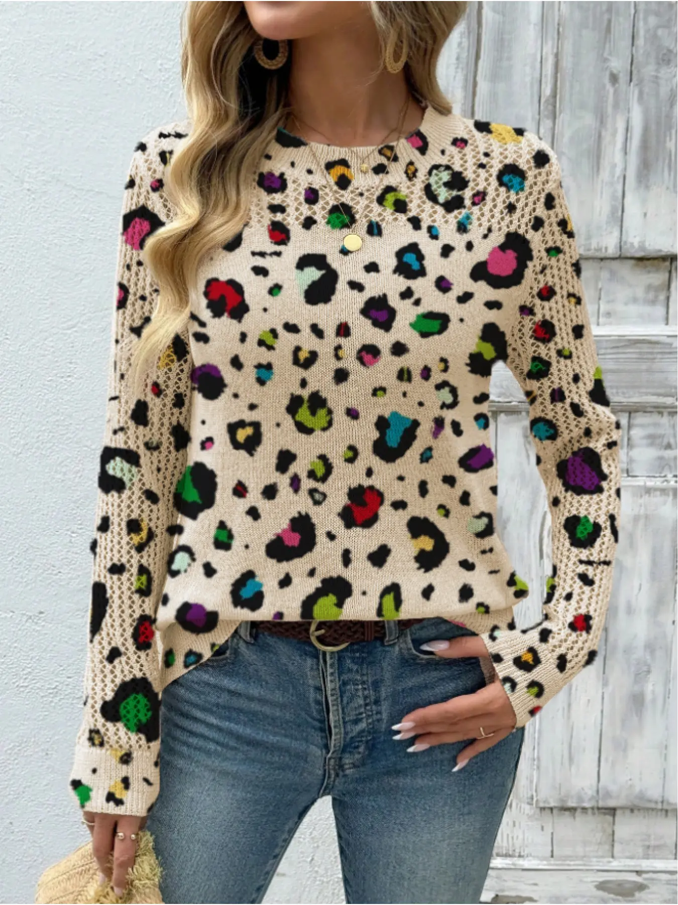 Women's Leopard Print Stand Collar Sweater, Fall Winter Casual Long Sleeve Knitwear, Comfortable Warm Daily Wear