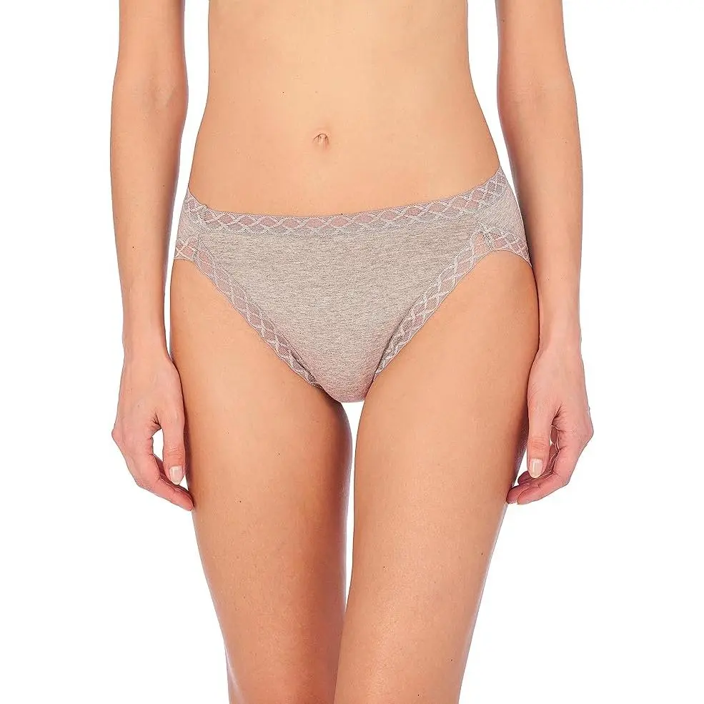 Women's Natori Bliss Soft Basic Cotton French Cut Panties - Low Waist, High Cut, Elastic Legs, Spandex Fabric, Lace Accents, Everyday Fit, Cotton Underwear, Briefs, Light Grey Heather, Casual, Work