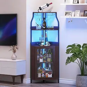 Corner Wine Bar Rack Cabinet with Detachable Wine Rack, Bar Cabinet with Glass Holder, Small Sideboard and Buffet Cabinet with Mesh Door
