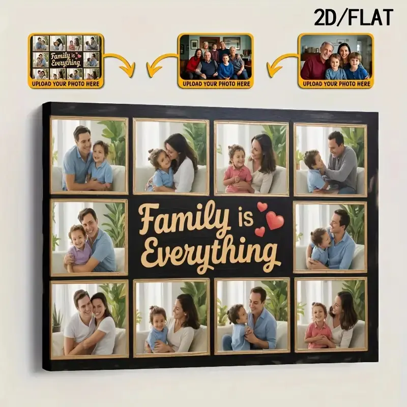 2D Flat, 1pc Custom Family Photo Collage Framed Canvas Print - Personalized Picture Frame with Your Photos, Golden Heart Frame Suitable for Wedding, Anniversary, Housewarming Gift - Ready-to-Hang, Fathers's Day, Football Star, Independence Day, Juneteenth