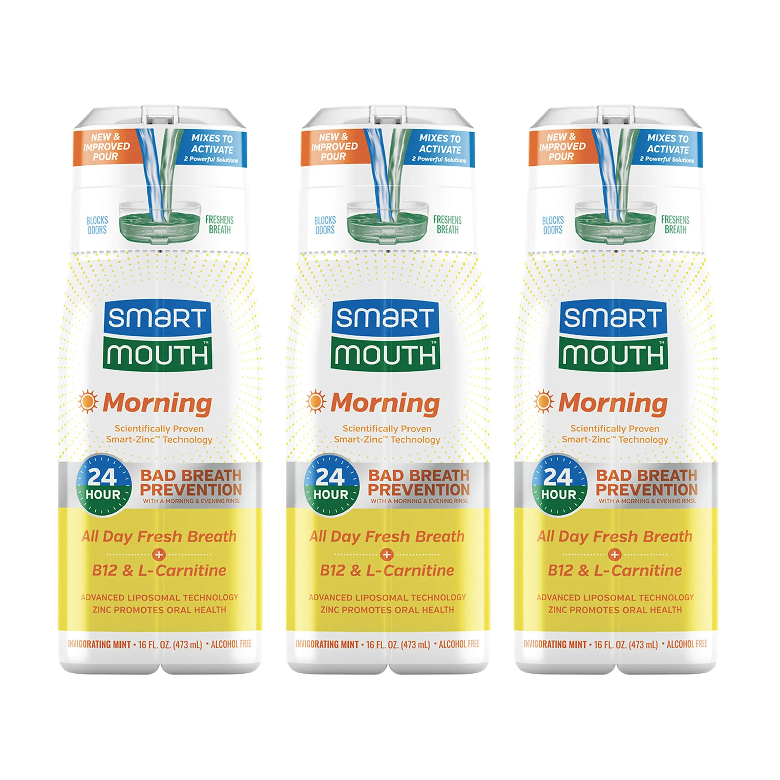 SmartMouth Advanced Liposomal Morning Mouthwash - All-Day Fresh Breath - Vitamin B12 & L-Carnitine - Dual-Solution Zinc-Activated Morning Mouthwash - Invigorating Mint Flavor - 16 fl oz Each, 3-Pack