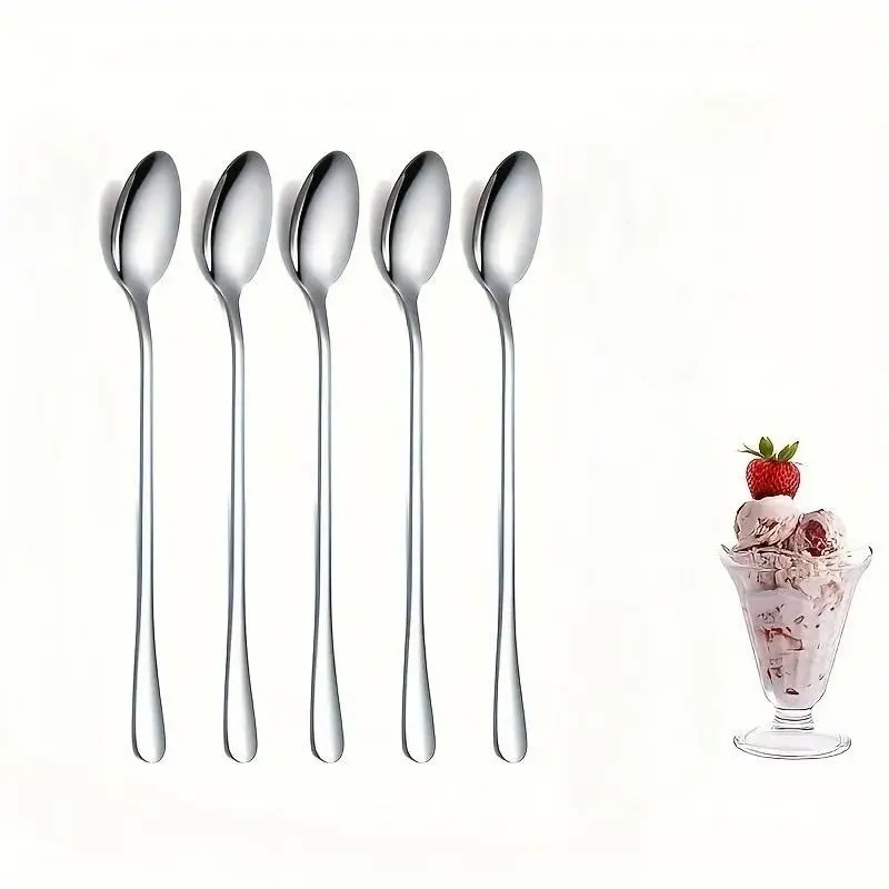 5pcs Stainless Steel Long Handle Ice Tea Spoon, Coffee Spoon, Ice Cream Stirring Spoon, Dishwasher Safe, Kitchen Accessories, Flatware Set