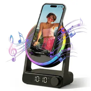 【5-in-1 Desk Gadget】Wireless Induction Speaker with Digital Alarm Clock, RGB Night Light Phone Stand, Stereo Audio Sound Amplifier Tech Gift
