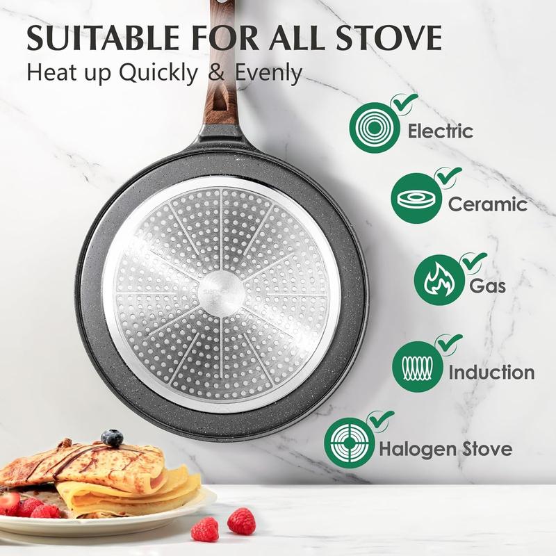 Nonstick Crepe Pan, Swiss Granite Coating Dosa Pan Pancake Flat Skillet Tawa Griddle  with Stay-Cool Handle, Induction Compatible