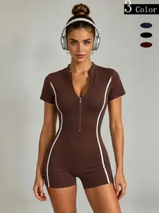 Women's Yoga Jumpsuit, High Elasticity Sporty Shorts Sleeve, Comfortable Tight Fit, Breathable, Zipper Side Stripe, Adjustable Romper Jumpsuit, Ideal for Fitness