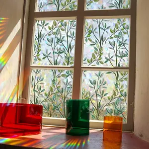 3D Rainbow Vine Leaf Pattern Glass Window Privacy Film, Static Cling Window Film, Decorative Sticker for Home Office, Ornaments