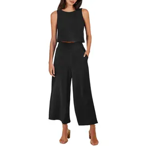 ANRABESS Women's Summer 2 Piece Outfits Sleeveless Tank Crop Button Back Top Capri Wide Leg Pants Linen Set  Vacation Casual Sets