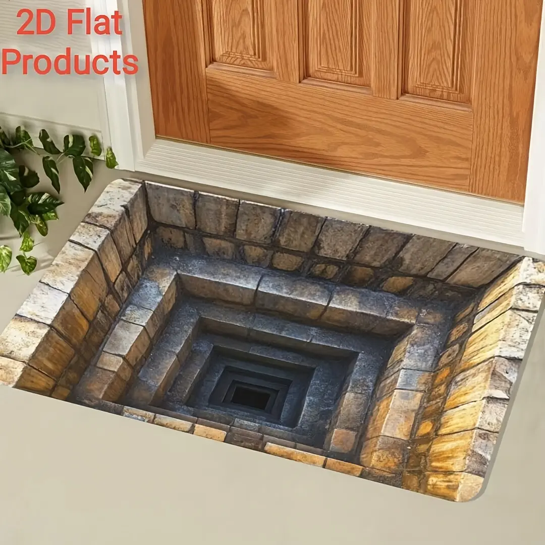 2D Flat   Front Door Mat Outside Entrance,Brick Bottomless Hole Area Rug for Living Room 3D Trap Optical Visual Illusion Rugs bedroom Floor Carpet Mat Non-Slip,Pet-Friendly Home Decor,Durable Floor Rug Decorative,Lightweight Foldable Indoor/Outdoor Rug
