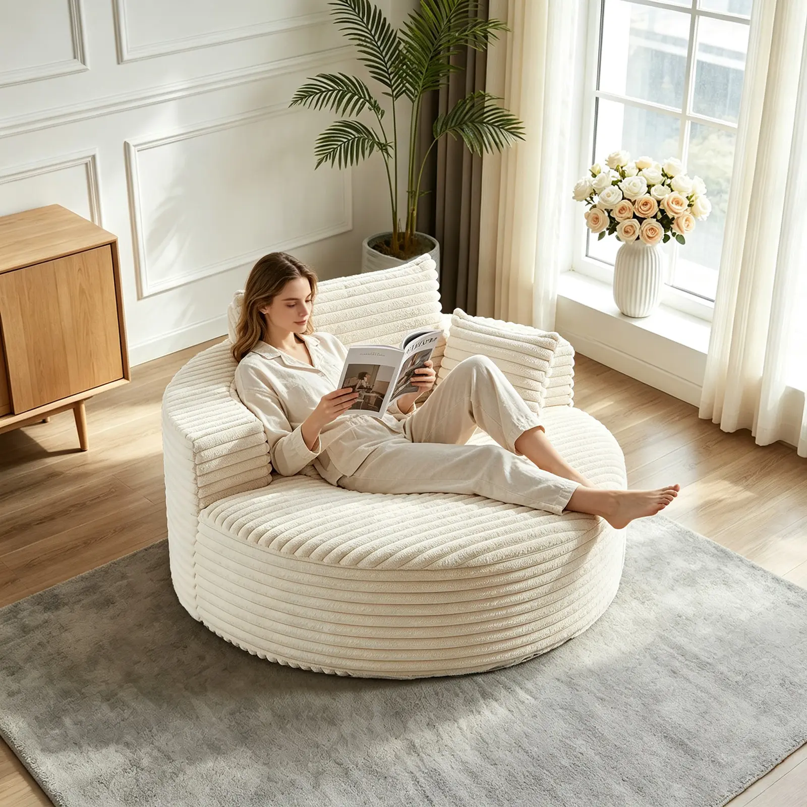 Oversized Round Chaise Longue Chair Indoor, Modern 55-inch Upholstered Corduroy Deep Seat Circle Single Cloud Lounge Floor Accent Chair for Living Room, Bedroom Apartment,