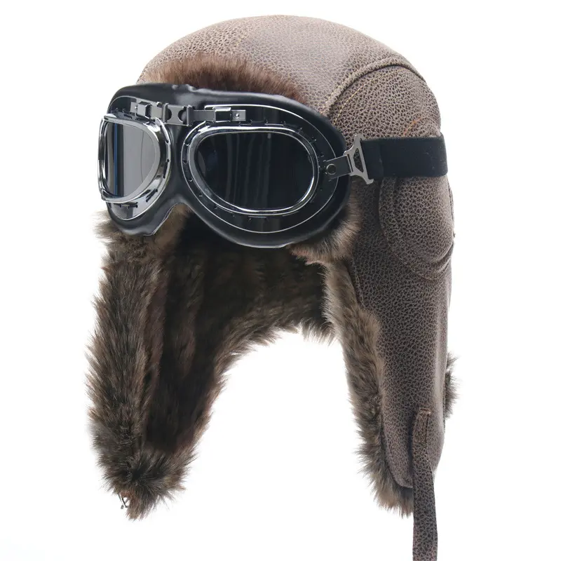 Leather Aviator Trapper Hat with Goggles, Faux Fur Lined Ear Flap Pilot Cap, Windproof Warm Winter Outdoor Motorcycle Ski Hat for Men and Women