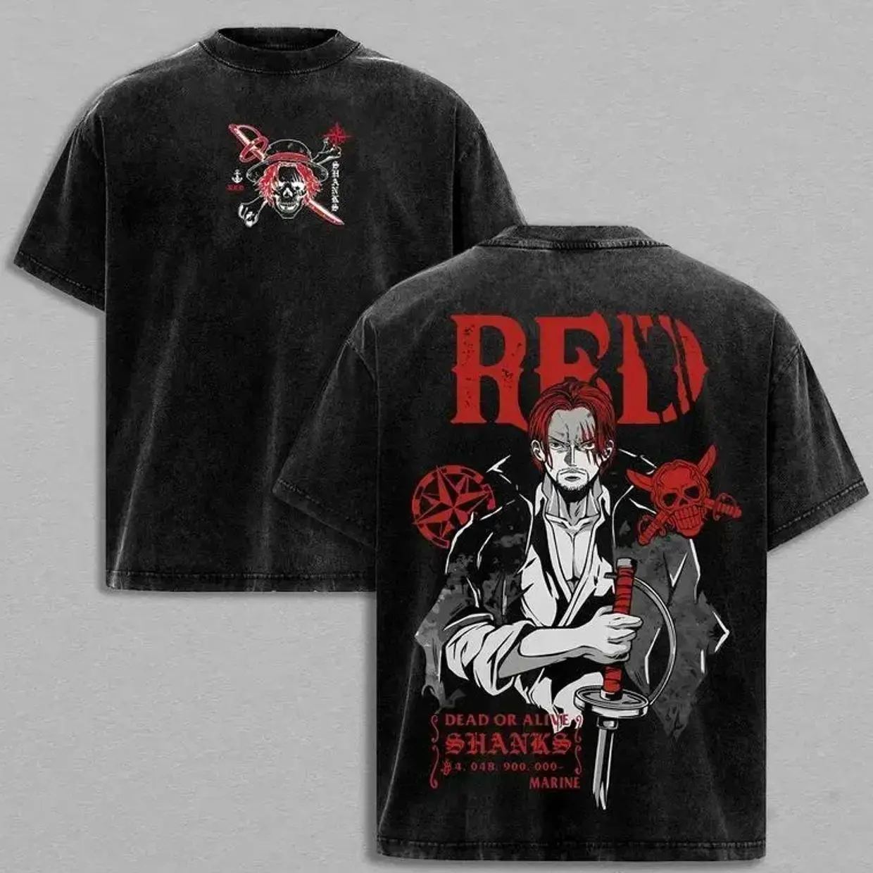 Shanks Red One Piece Y2K Grunge Vintage Washed T-Shirt, Oversized Pirate Emperor Anime Clothing Tee, Heavy Cotton Retro Streetwear Shirt Gym Pump Cover Graphic Top, Gift for One Piece Fans KWT