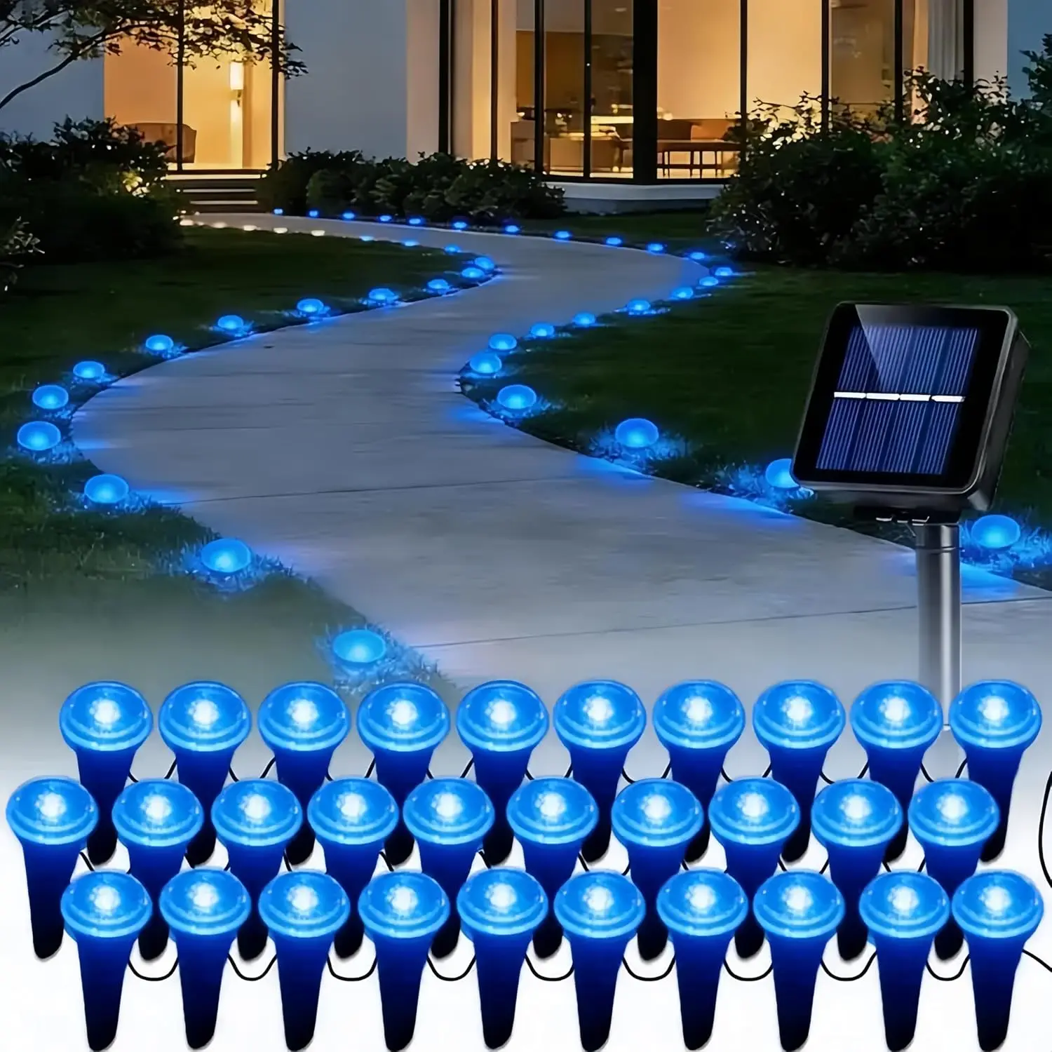 30 Pack Solar Ground Lights, Blue LED Solar Garden Lights with 8 Lighting Modes, IP65 Waterproof Auto On/Off Landscape Lights for Outdoor Garden, Patio, Lawn, Yard and Pathway Decor
