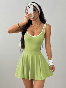 women's solid contrast trim backless sports dress, high stretch sporty comfortable breathable anti-exposure sports dress with built-in pocket, ladies sportswear for all seasons, tennis dress