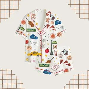 Women’s New York Pajamas, Broadway City Print Sleepwear, Short Sleeve Button Up, Fun Lounge Gift