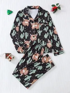 Women's Leopard Print Button Front Pocket Shirt & Pants Pyjama Two-piece Set, Elegant Comfy Long Sleeve Top & Trousers PJ Set, Ladies Sleepwear for All Seasons, Pajama Set