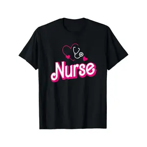 Women's Retro Nurse Graphic T Shirt Funny Nurse Week Gift with Pink Lettering & Stethoscope Hearts Design Loose Fit Casual Black Tee Machine Washable Nurse ShirtCasual Oversized Graphic Trendy Unisex Tee