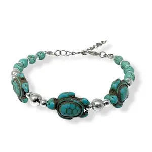 Howlite Turquoise Sea Turtle Bracelet – Hawaiian Style Beaded Bracelet with Silver Accents, Adjustable Lobster Clasp