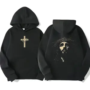 Hoodie Printed Cross on Front and Jesus Wearing Crown of Thorns on Back KCW
