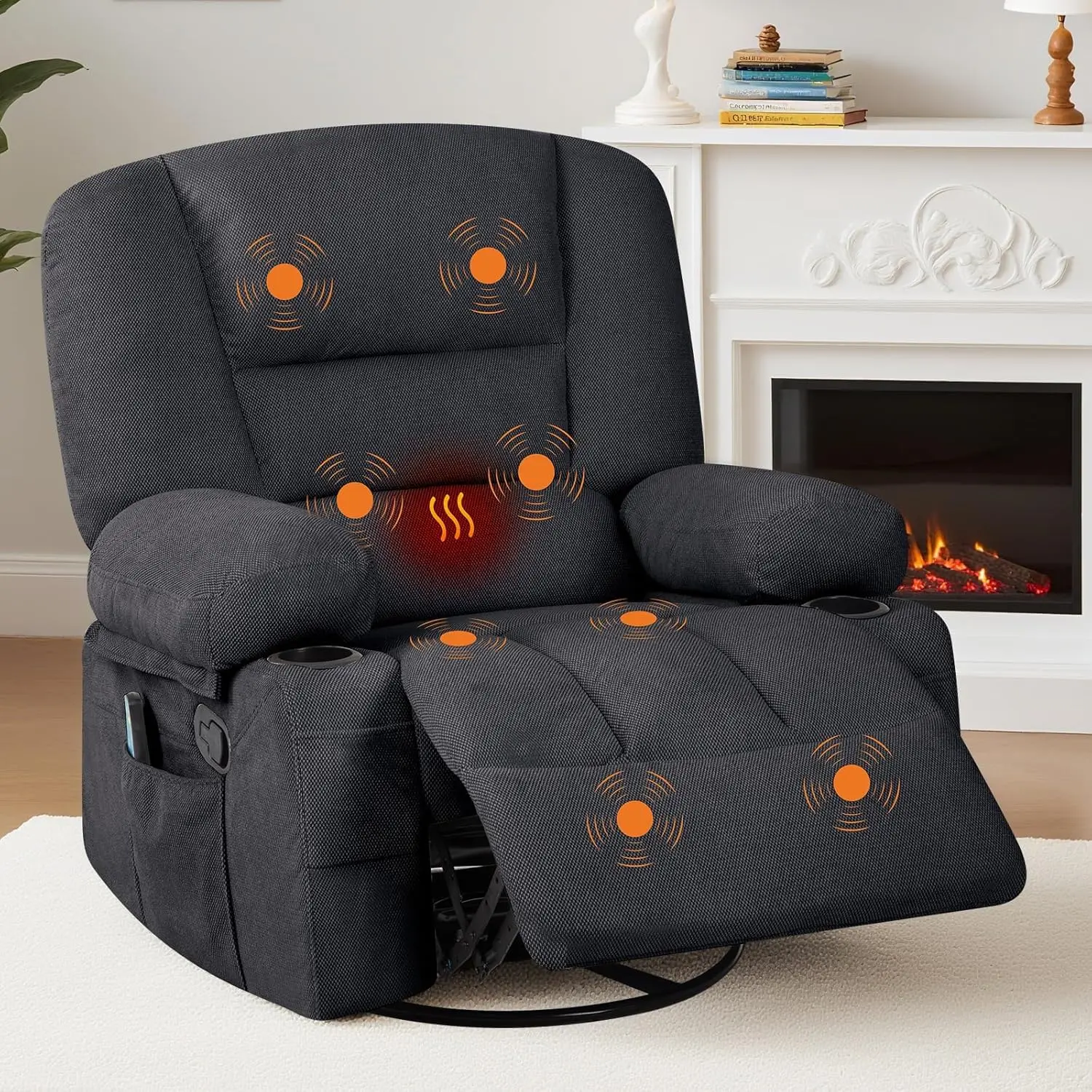 Garvee 360° Swivel Recliner Chair with Heat and Massage, Widened Overstuffed Single Sofa Lounge Chair Featuring Side Pockets and Cup Holders, Ideal for Living Room, Bedroom, or RV Use