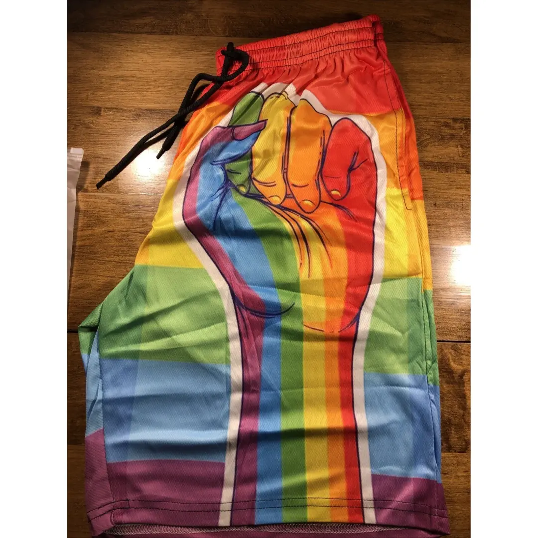Pride Shorts Men Unisex Rainbow Fist Graphic Shorts, Rainbow Fist Pride Streetwear Unisex Shorts