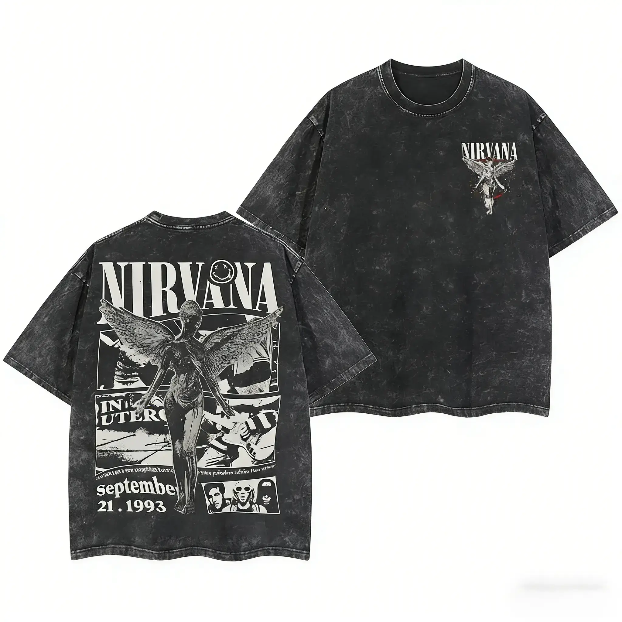 [BT] Retro Limited Nirvana Band Tour Black Vintage Tee Graphic Unisex Oversize Rock Band Washed Heavyweight Cotton T-shirt Gift For Rock Music Lovers Vintage Band Shirts Casual Fabric Fit Top Womenswear Streetwear Tshirt Round Neck Crewneck Shortsleeve