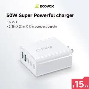 ECOVOX 50W GaN 5-in-1 USB C Charger Block PD 3.0 PPS Fast Compact Wall Charger for MacBook Air Pro iPad Pro iPhone 16 15 Galaxy S24 Super Powerful 5in1 Design