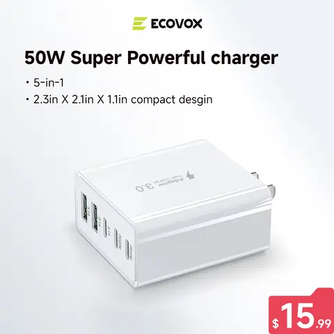 ECOVOX 50W GaN 5-in-1 USB C Charger Block PD 3.0 PPS Fast Compact Wall Charger for MacBook Air Pro iPad Pro iPhone 16 15 Galaxy S24 Super Powerful 5in1 Design tiktokshopspringglowup SummerVibes