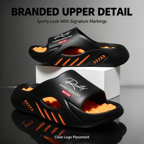 Men’s Cushioned Massage Platform Slippers - Thick EVA Hollow Out Round Toe Slip On Breathable Non-Slip Waterproof Athletic Clogs with Letter Print, Multi-Function for Indoors Summer Streetwear Recovery